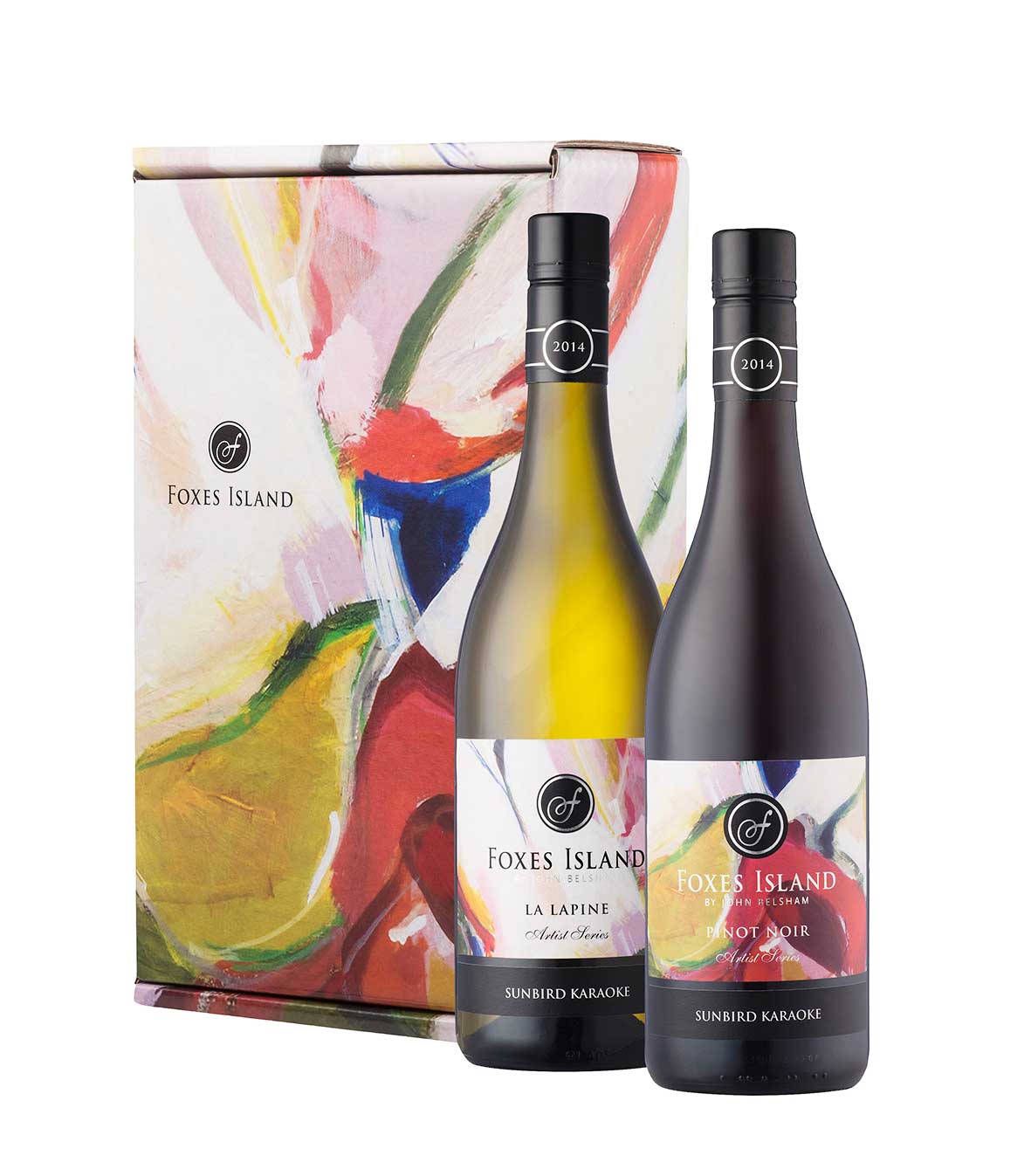 Artist collaboration with Foxes Island Wines, bottles & gift box feature Sunbird Karaoke by Kirsty Black