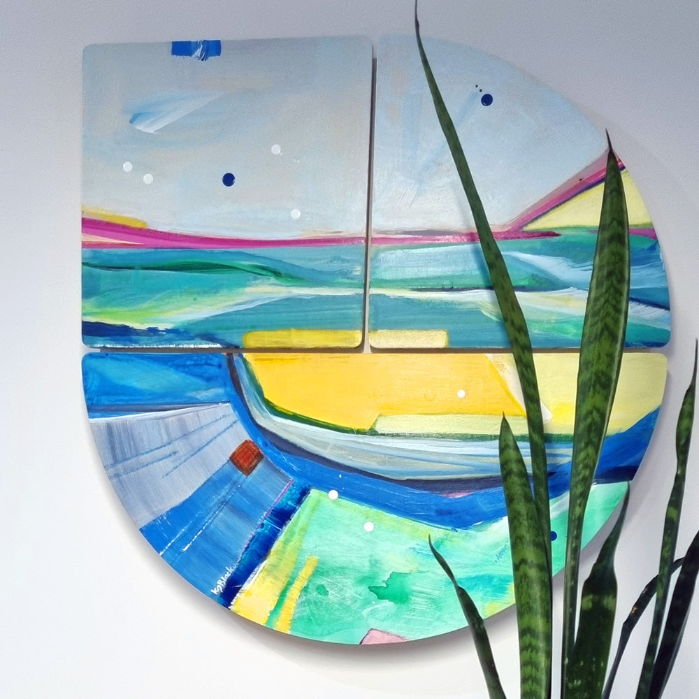 Peachy Keen – Abstract coastal-inspired artwork by Kirsty Black, featuring vibrant blues, greens, and yellows on a unique, modular circular panel.