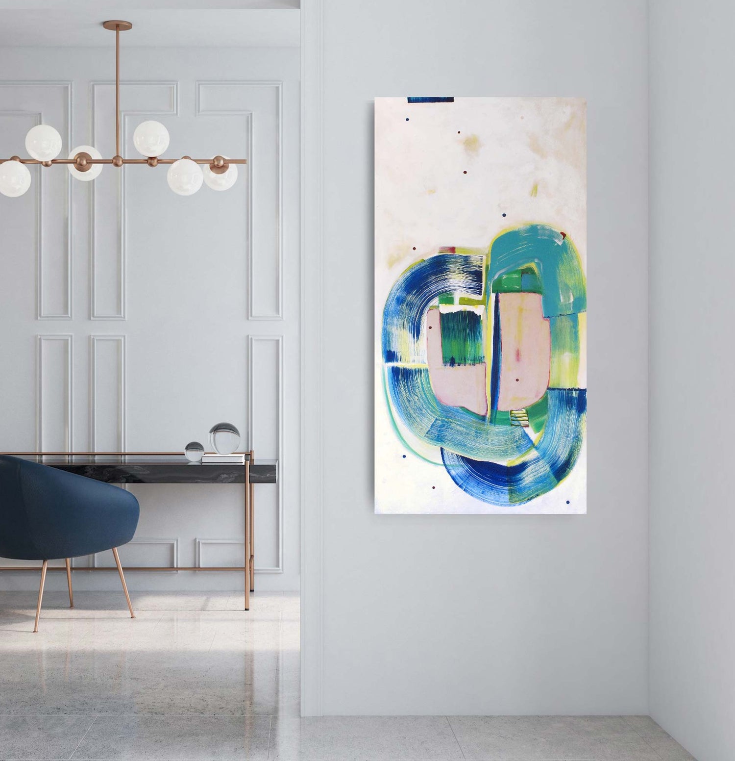 Long gestural abstract painting in blues and greens hanging on wall