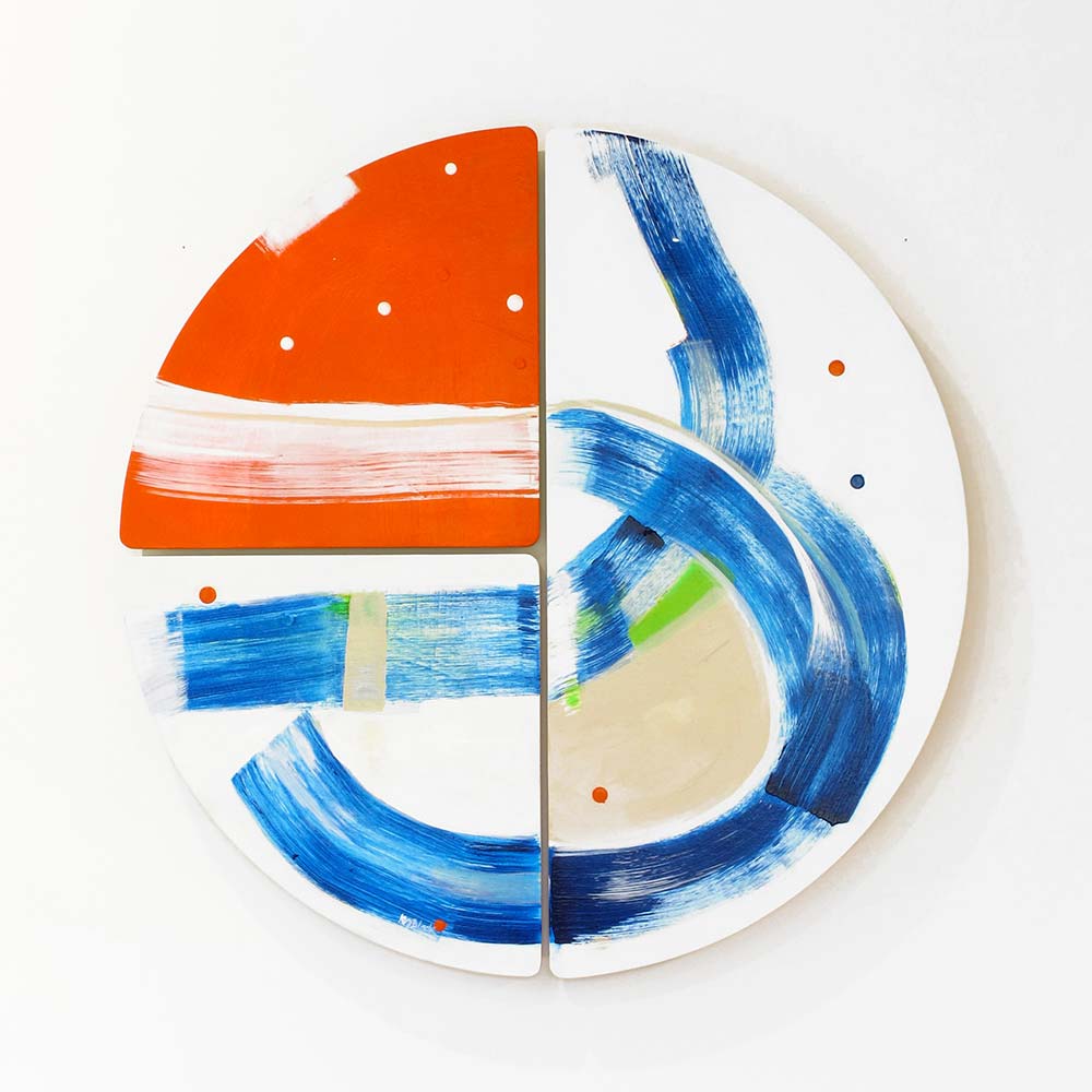 Round gestural artwork in blue and orange for sale