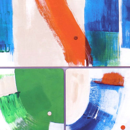 detail of modular painting, in blue, green, orange and white