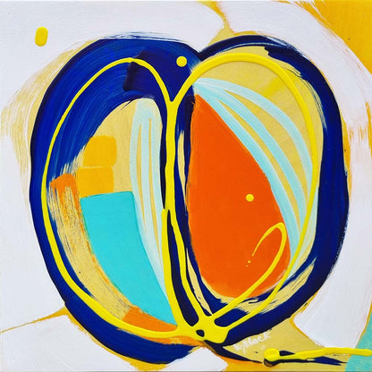 Small, square energetic abstract painting, blue, yellow, orange, aqua &amp; white colour palette