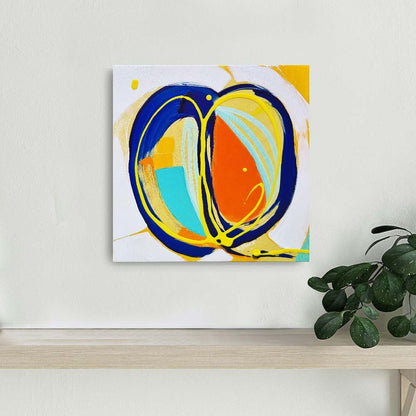 Small, square painting in bright colours and energetic brushstrokes hanging on a wall