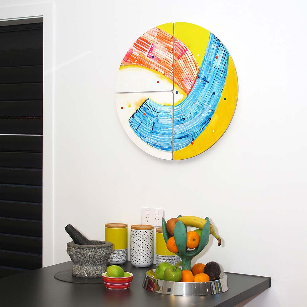 Contemporary art NZ, round abstract painting hanging in a kitchen