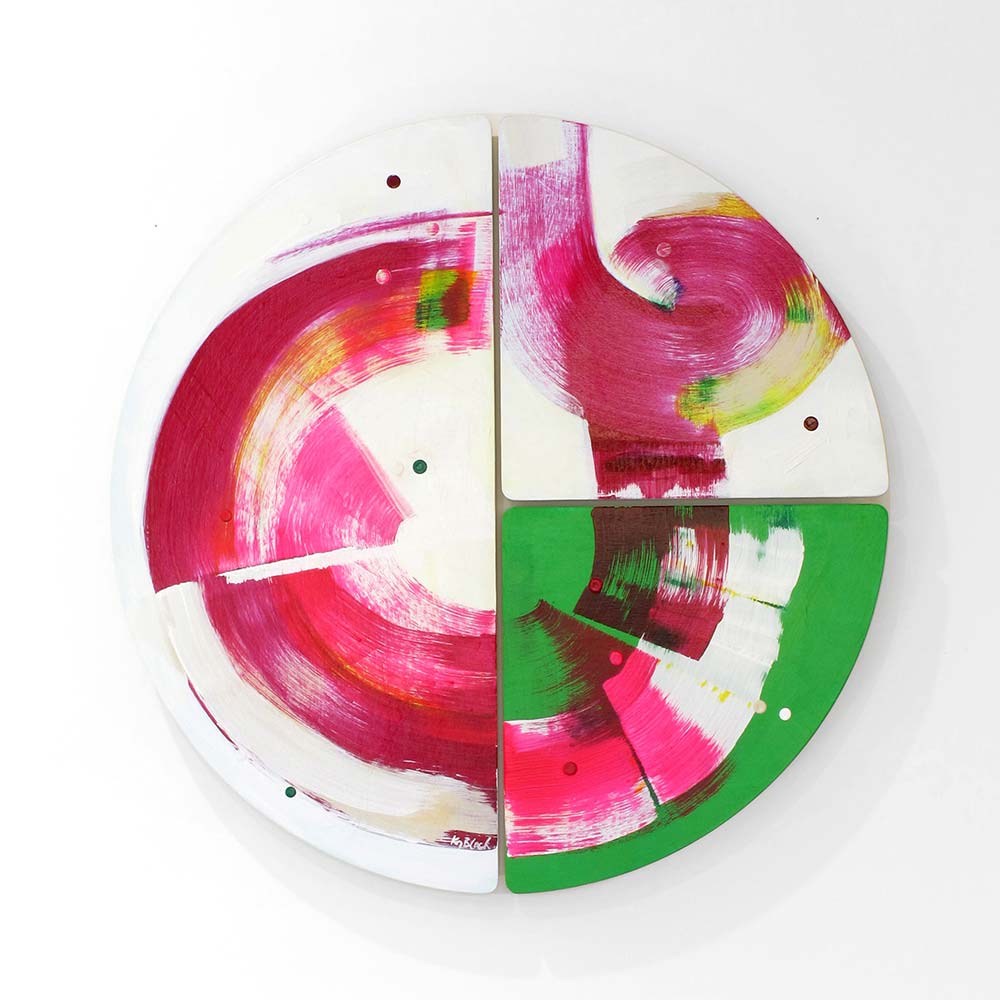 Round gestural abstract artwork on ply, magenta, green and white