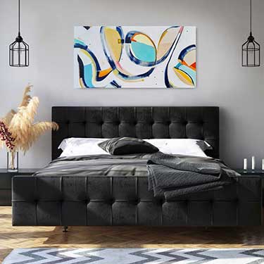 Large Gestural art on canvas hanging above a bed