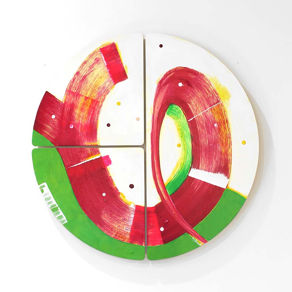 3 pieces of ply, form a round abstract artwork NZ with magenta brush strokes on a green &amp; white background