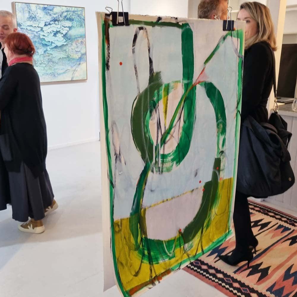 Studio toWall Exhibition by Railway St Gallery Opening, Harum Scarum abstract painting on paper by Kirsty Black hanging in foreground